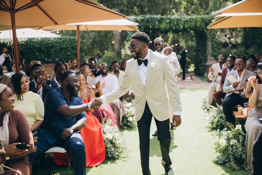 Outdoor wedding ceremony at Can Ribas near Barcelona.