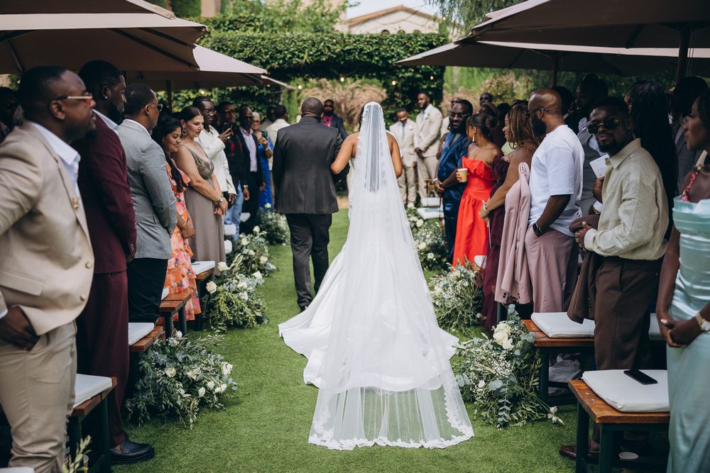 Outdoor wedding ceremony at Can Ribas near Barcelona.