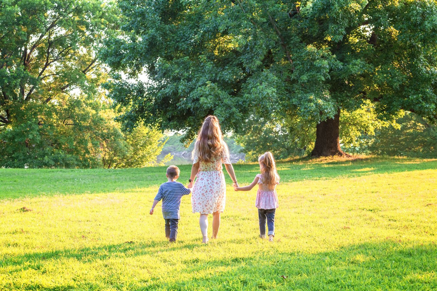 Three figures hold hands while walking across a sunlit meadow on a bright summer day.