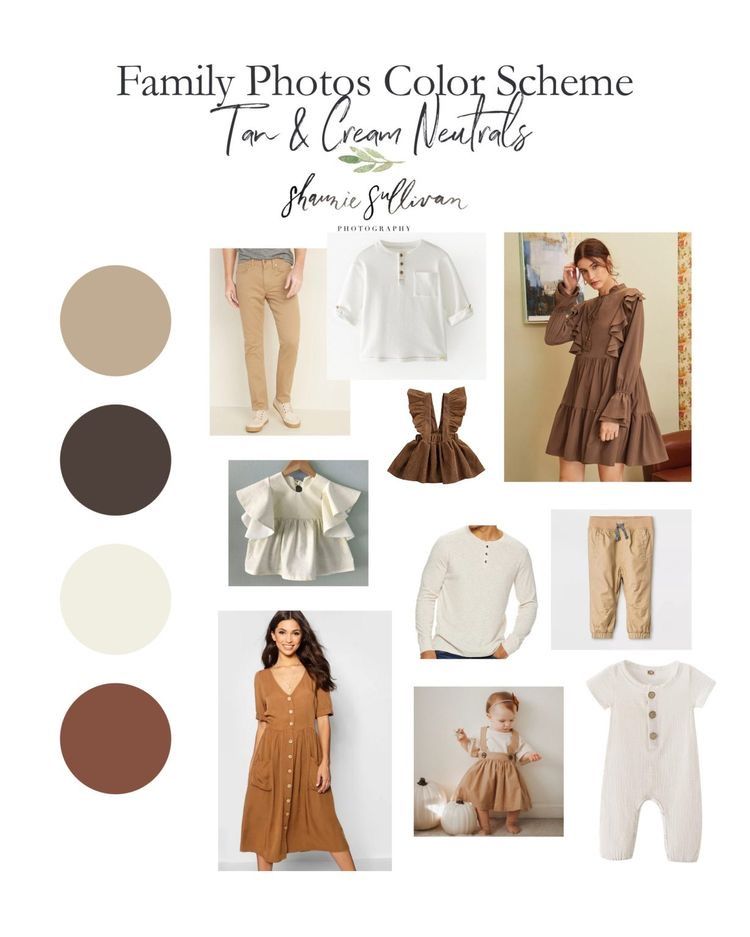 Family photo wardrobe guide featuring brown and cream neutral tones with coordinated clothing choices.