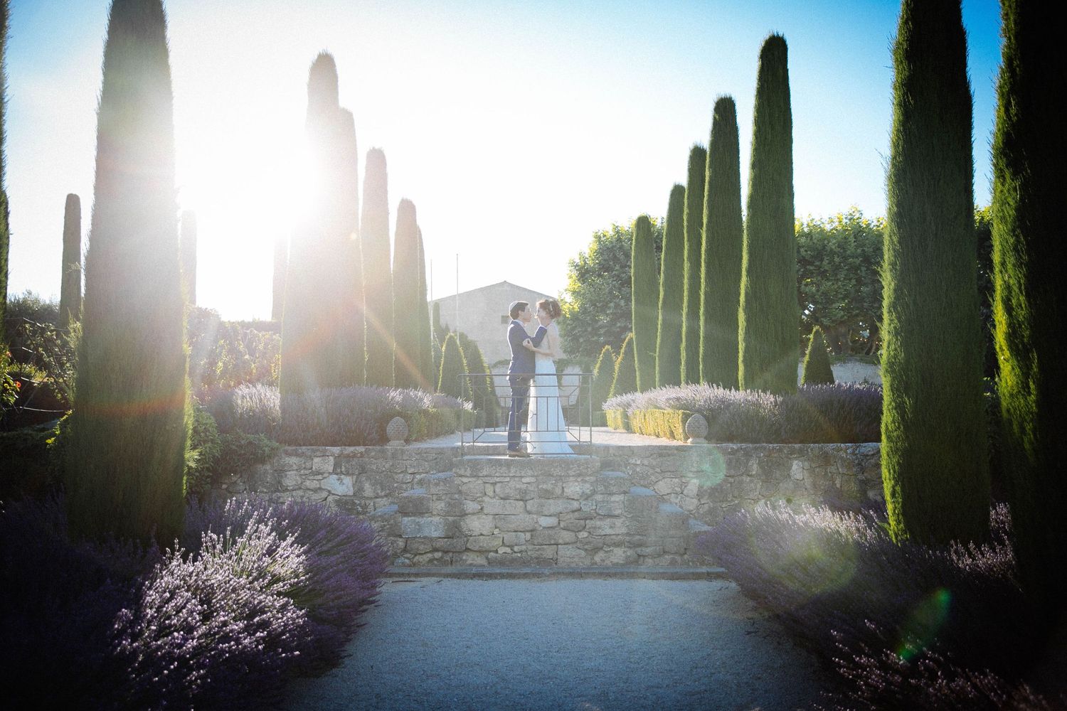 Silhouetted figures on stone steps flanked by tall cypress trees at sunset.
