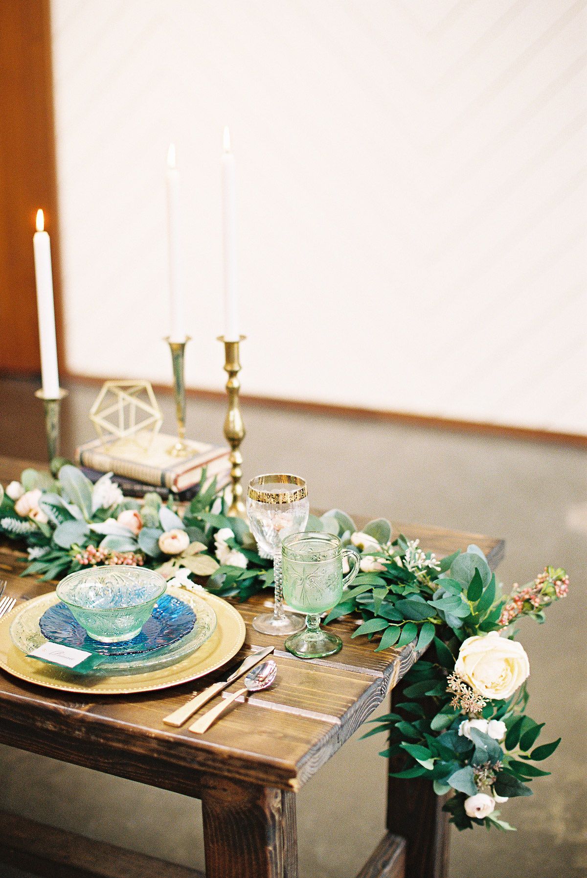 Wedding Tablescape for Sweetheart Table with Emerald greens and vintage placesettings