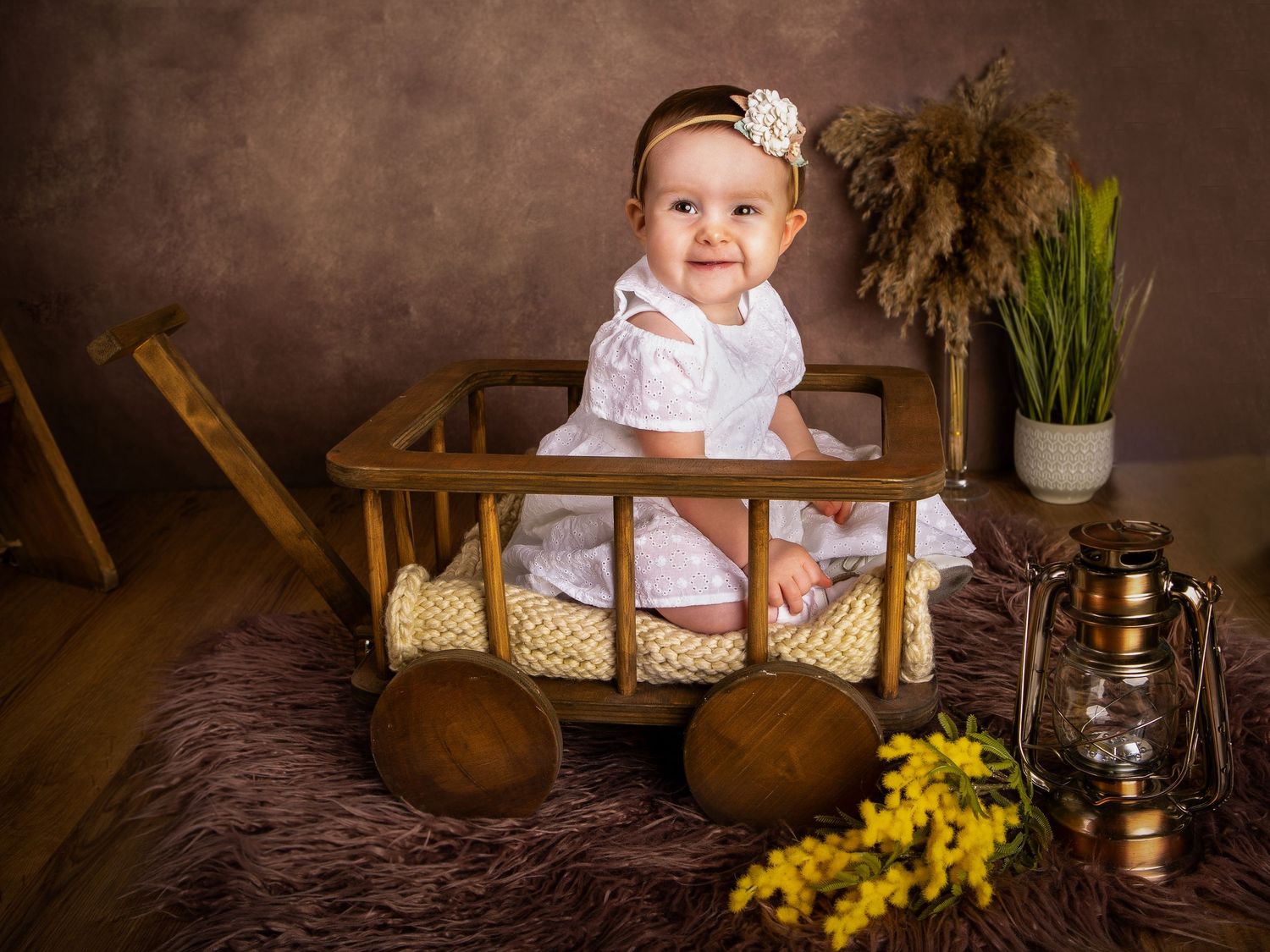 smiling girl in a wooden cart