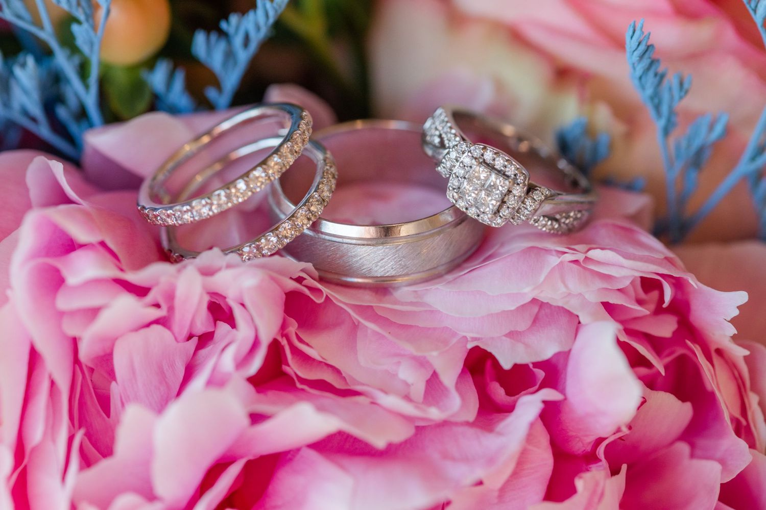 Wedding ring set displayed on pink peony flowers with blue accents.