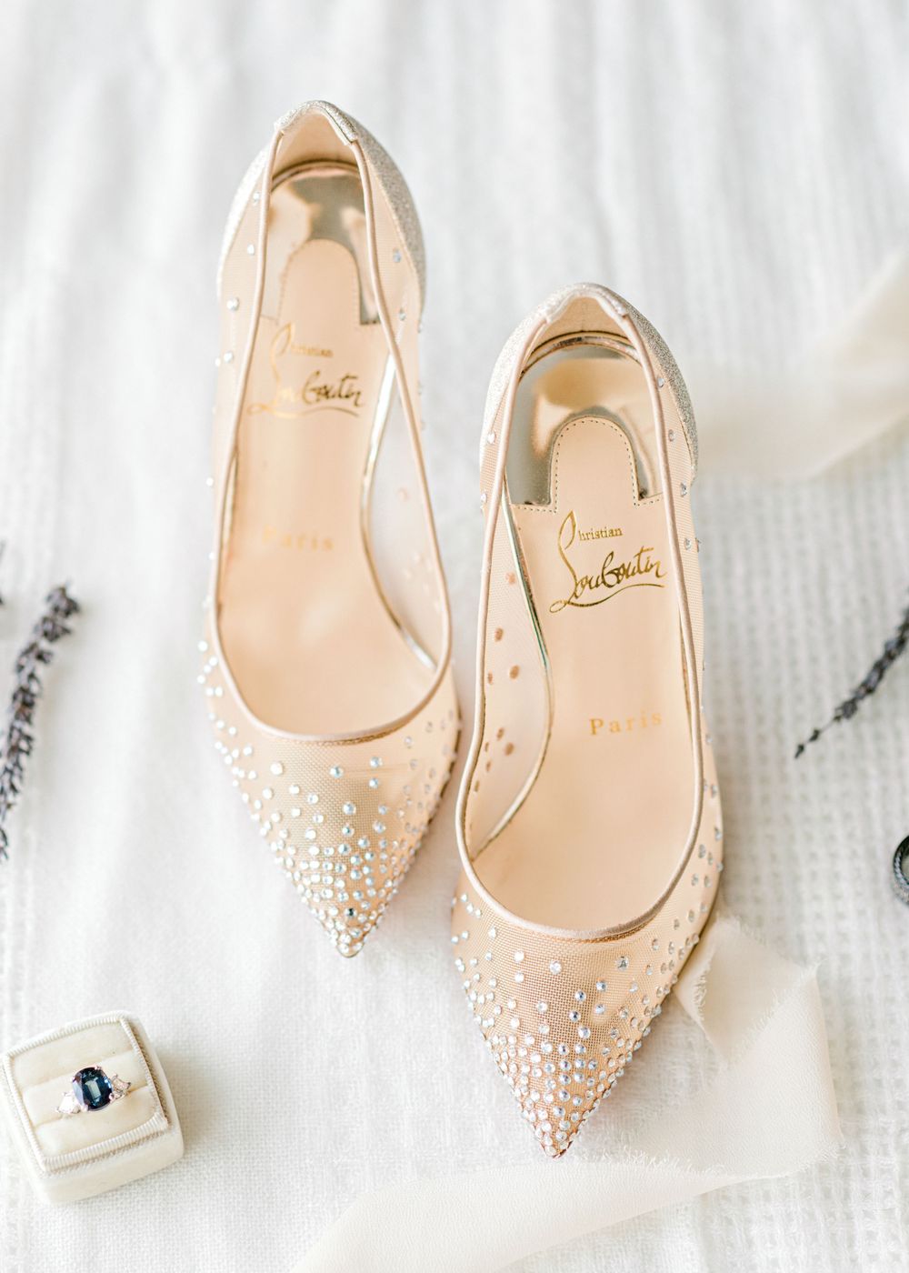 Elegant crystal-embellished pointed toe wedding shoes with ring box.