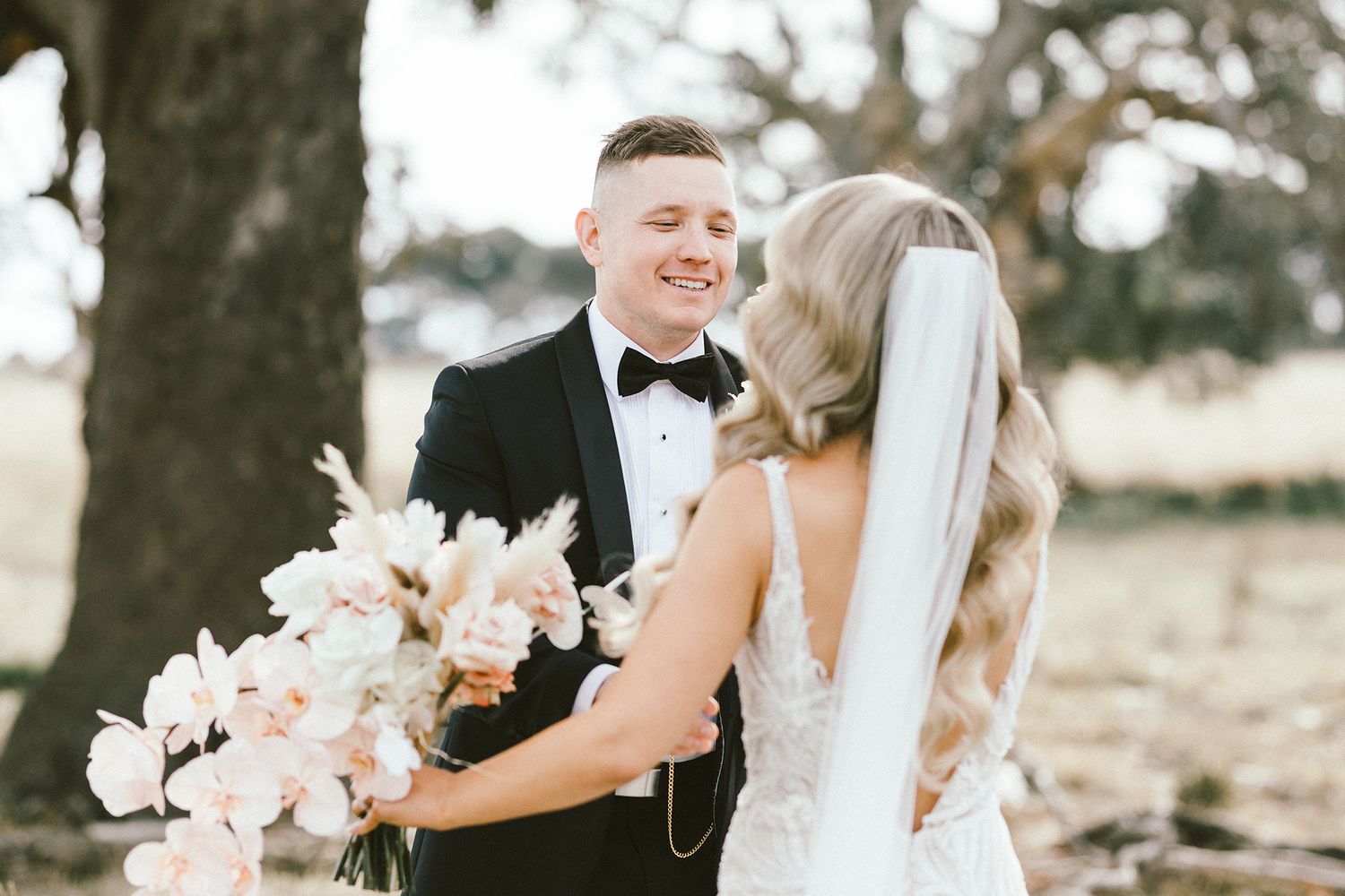 A joyful wedding moment captured beneath a majestic tree with soft natural lighting.