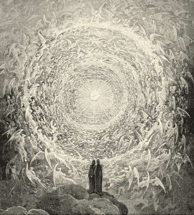 Classical illustration of figures in a divine light spiral from Dante's Paradise.