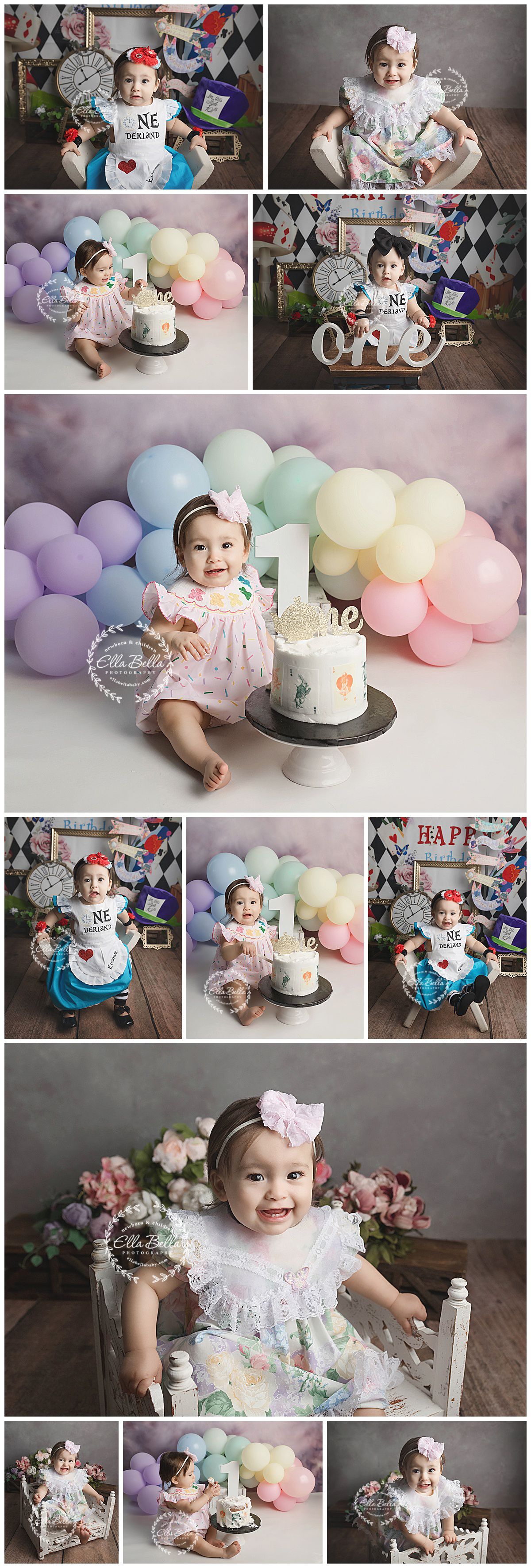 First birthday photo collection with Alice in Wonderland and pastel rainbow balloon themes.