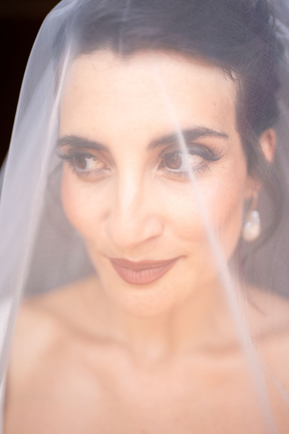 Close-up bridal portrait through delicate white veil showing soft romantic makeup and gentle smile.