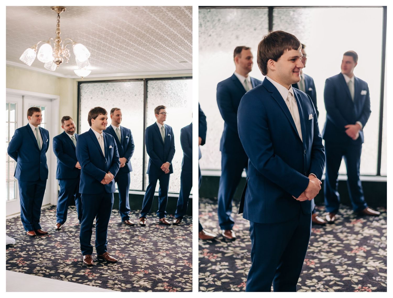 groom looking up the aisle at his bride during wedding ceremony