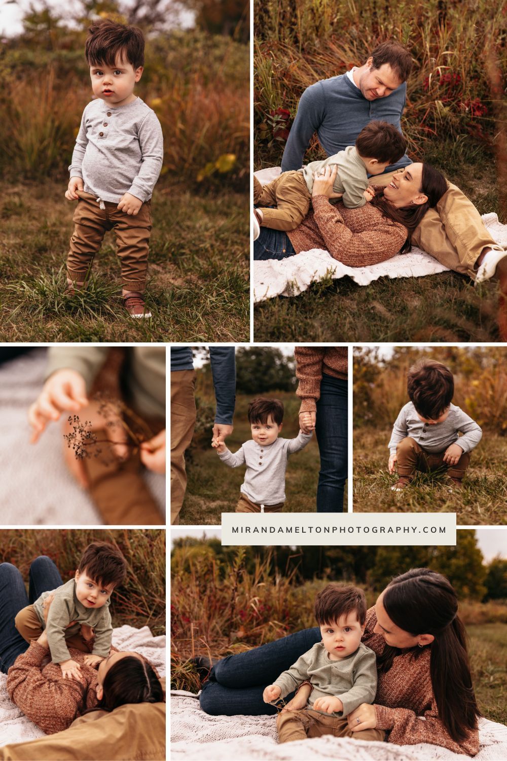 Collage of 7 photos of a one-year-old boy taken by the best Twin Cities Family Photographer in Chaska, MN