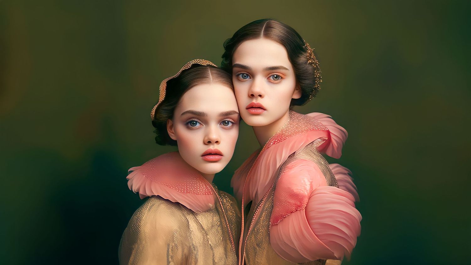 Renaissance-inspired dual portrait with soft pink ruffled collars against dark green background.