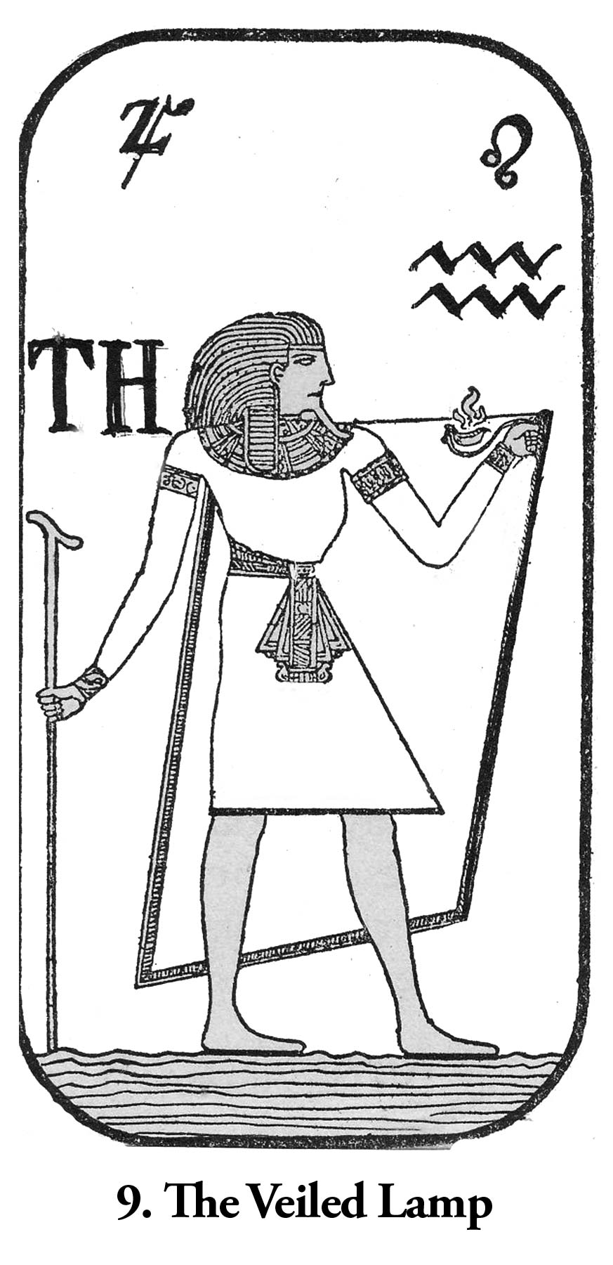 Ancient Egyptian hieroglyphic illustration showing a figure holding a lamp with zodiac symbols.