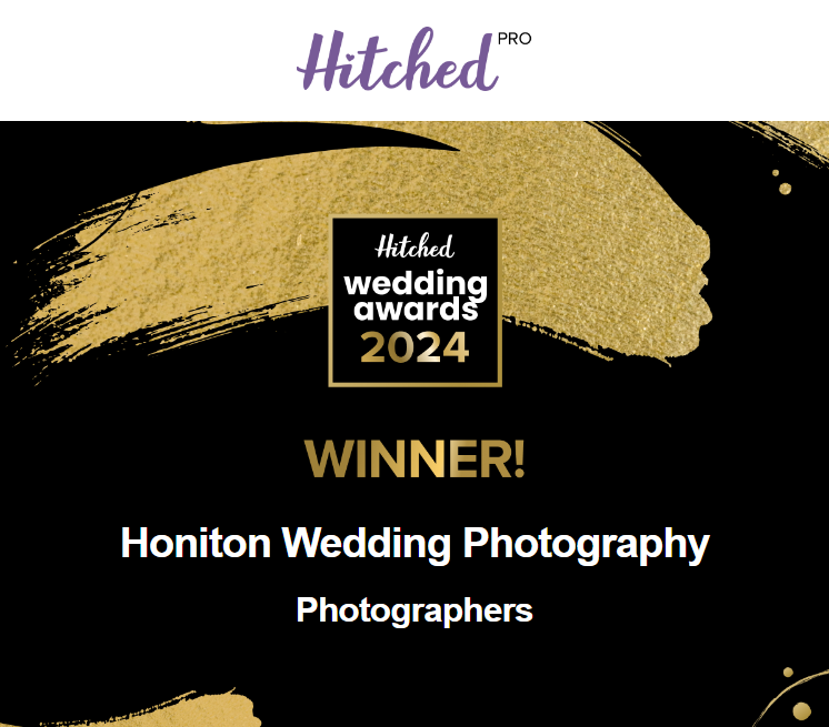 Hitched wedding awards 2024 winner announcement badge for Honiton Wedding Photography.