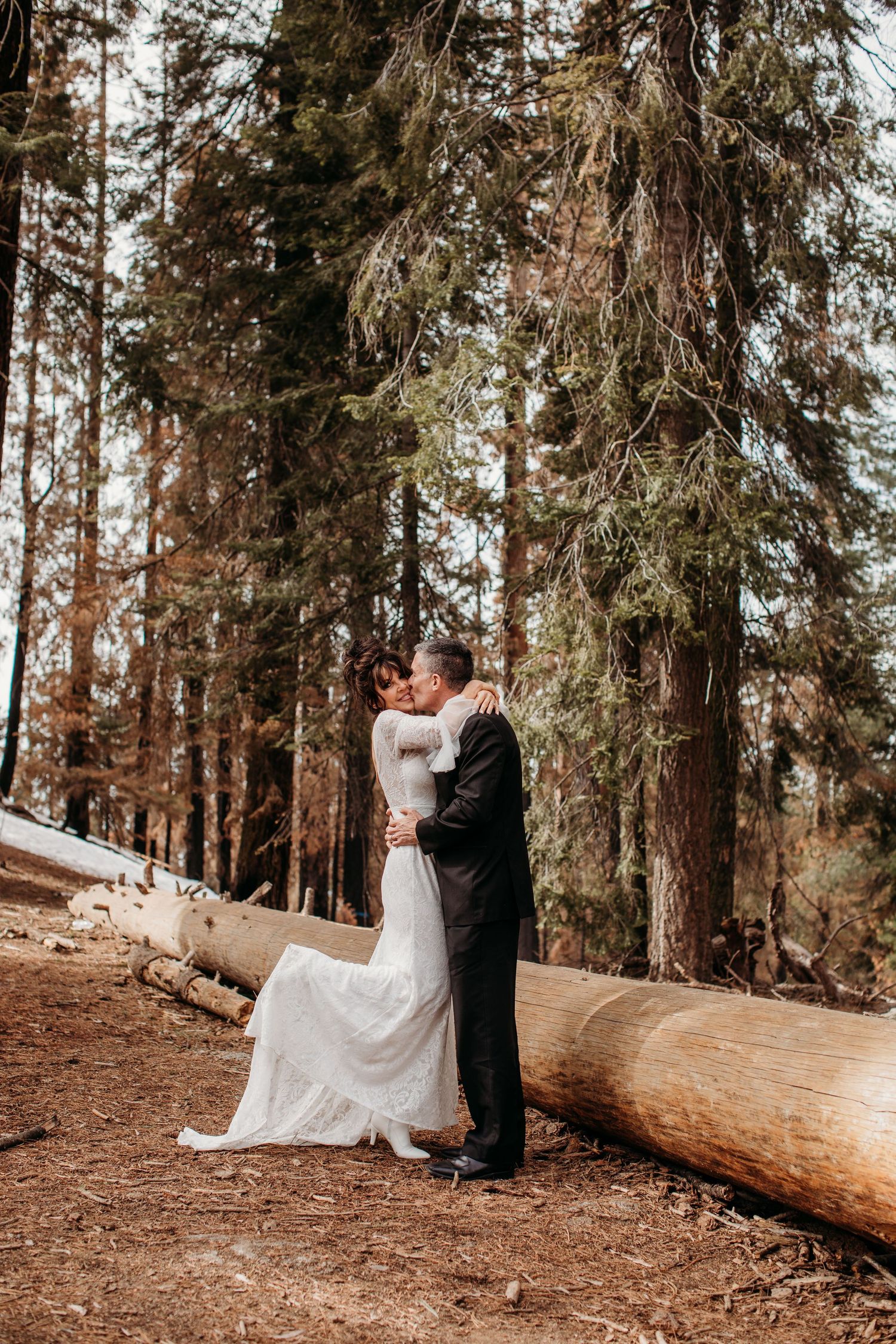 A couple embraces near a fallen log in a moody forest setting.