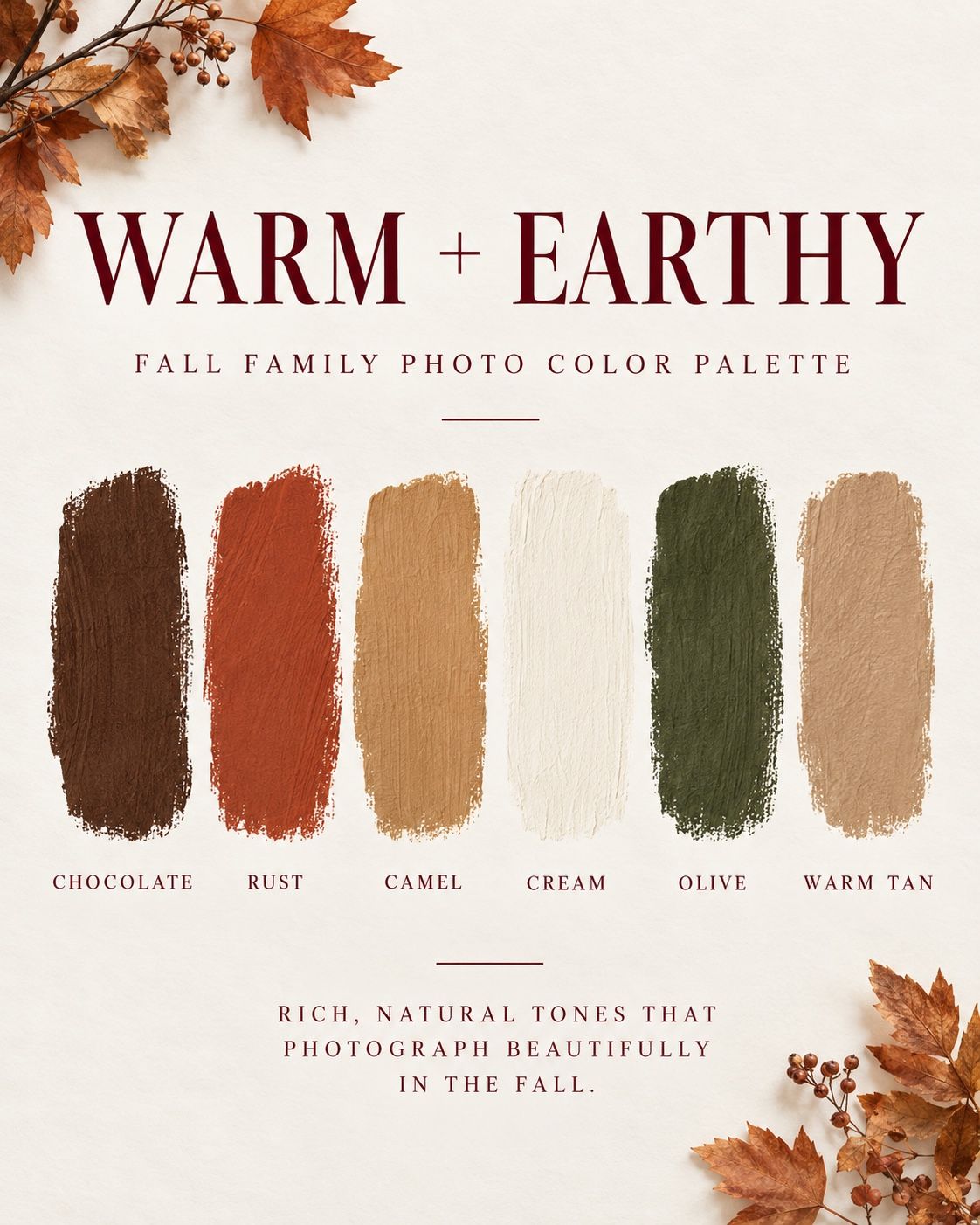 Rich Autumn fall family photo color palette featuring burgundy, forest green, mustard, camel, cream, and espresso swatches.