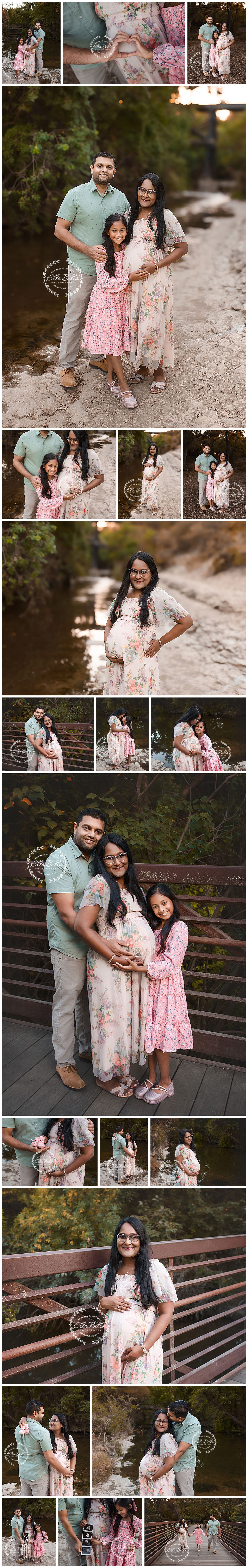 Outdoor maternity photo session featuring a pregnant woman in floral dress with husband and daughter near a creek.