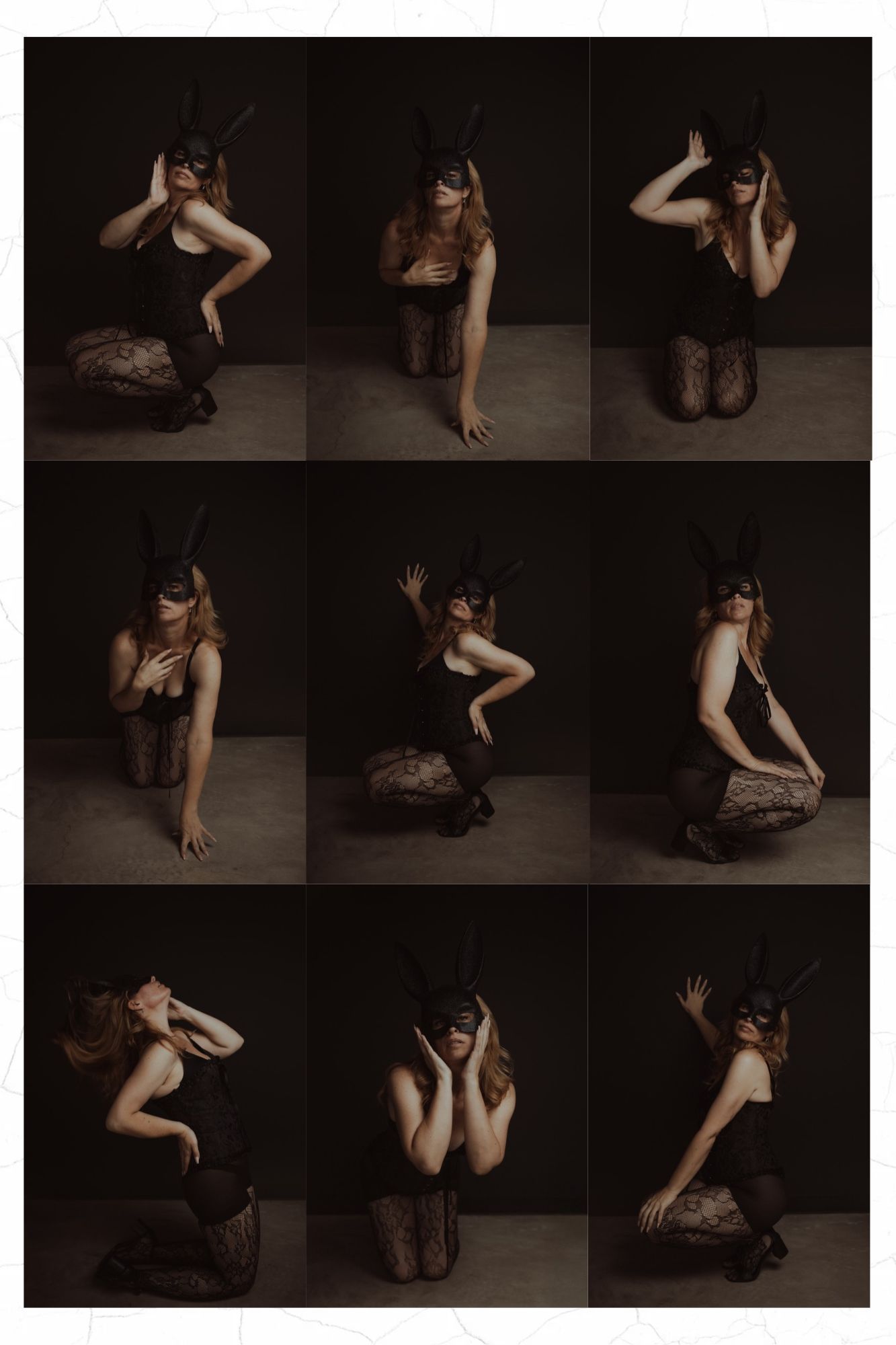Collage of nine moody studio poses of a woman in a black bunny ear mask, bodysuit and patterned tights crouching against a dark backdrop.