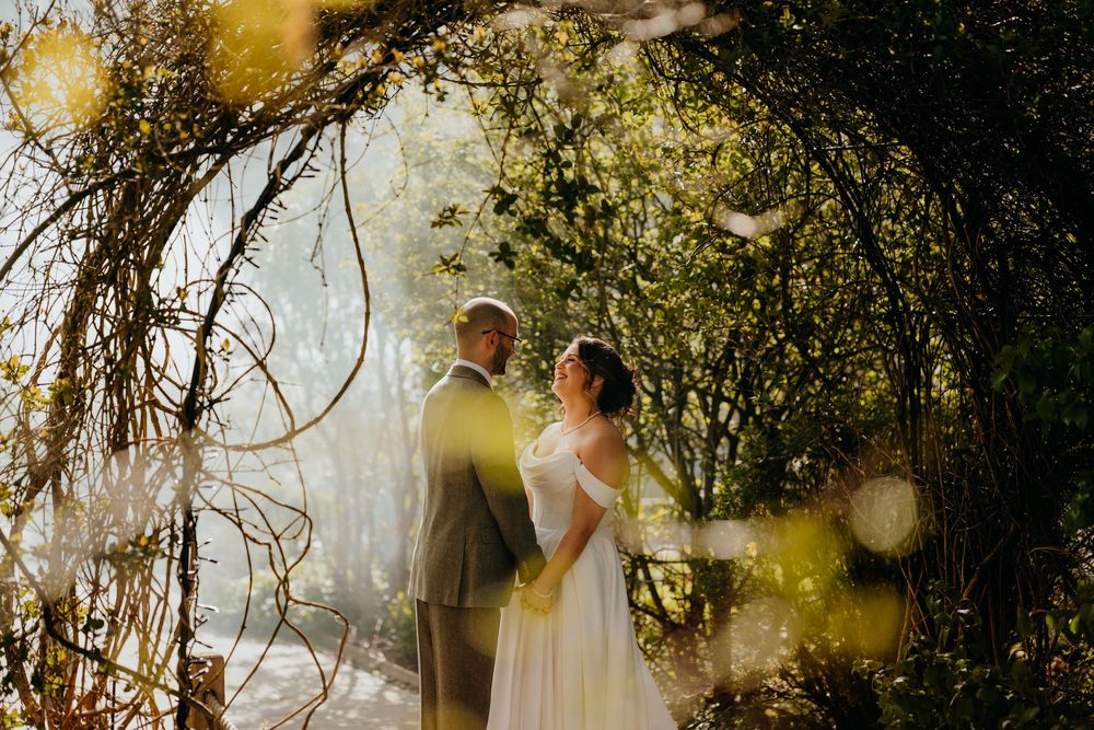 Bride and groom stand beneath a natural vine archway surrounded by golden sunlit greenery.