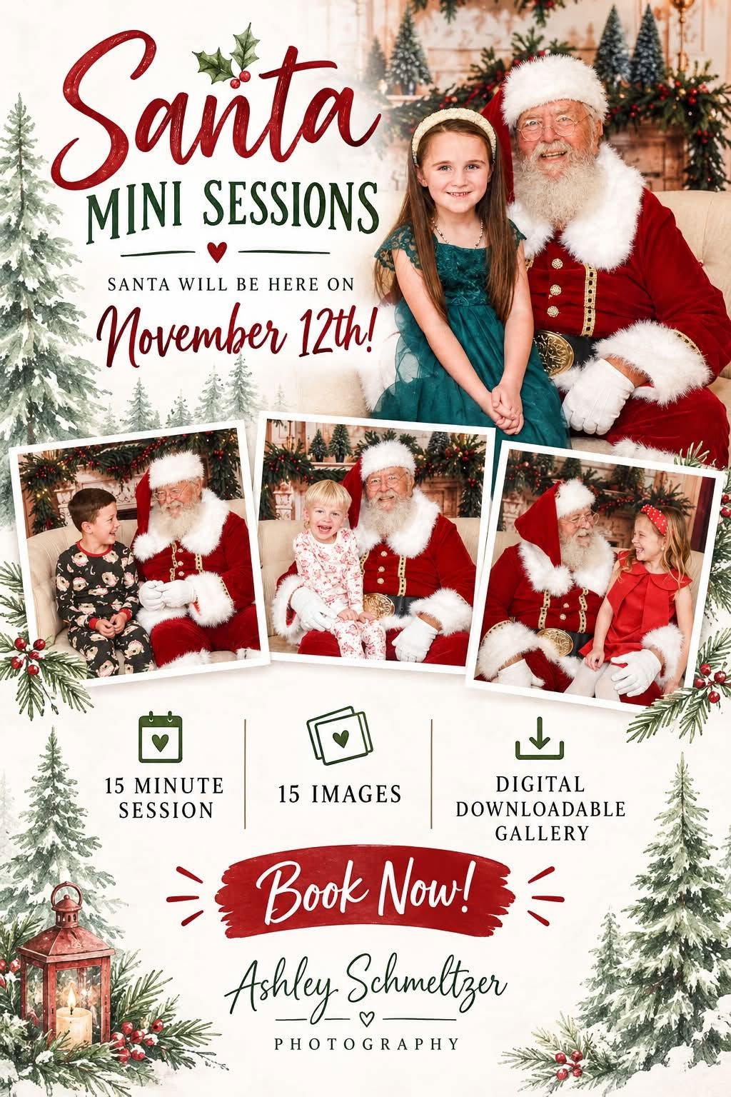 Santa mini sessions flyer for November 12th featuring photos of children with Santa, offering 15-minute sessions with 15 digital images.