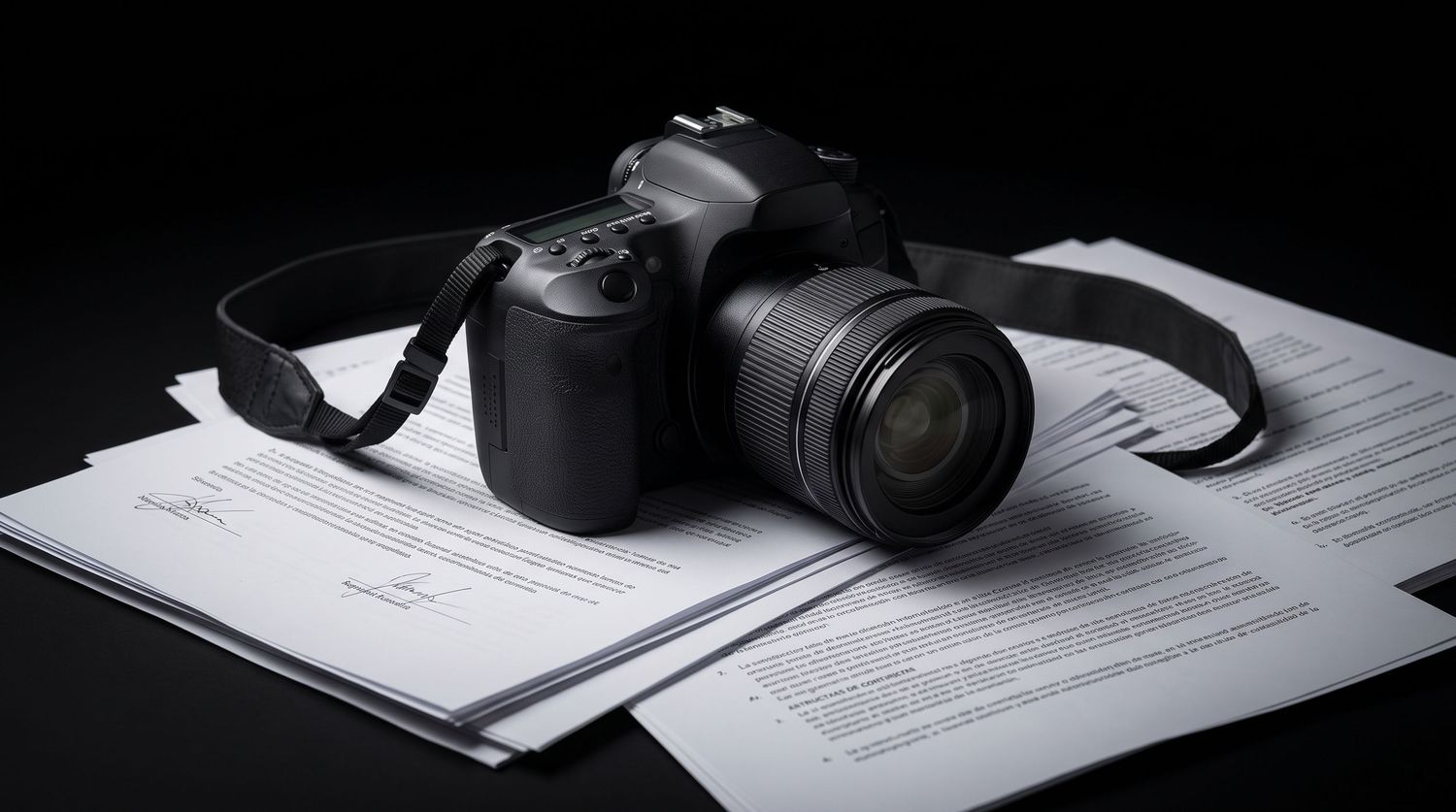 Black DSLR camera with lens and neck strap resting on a stack of printed documents against a dark background.