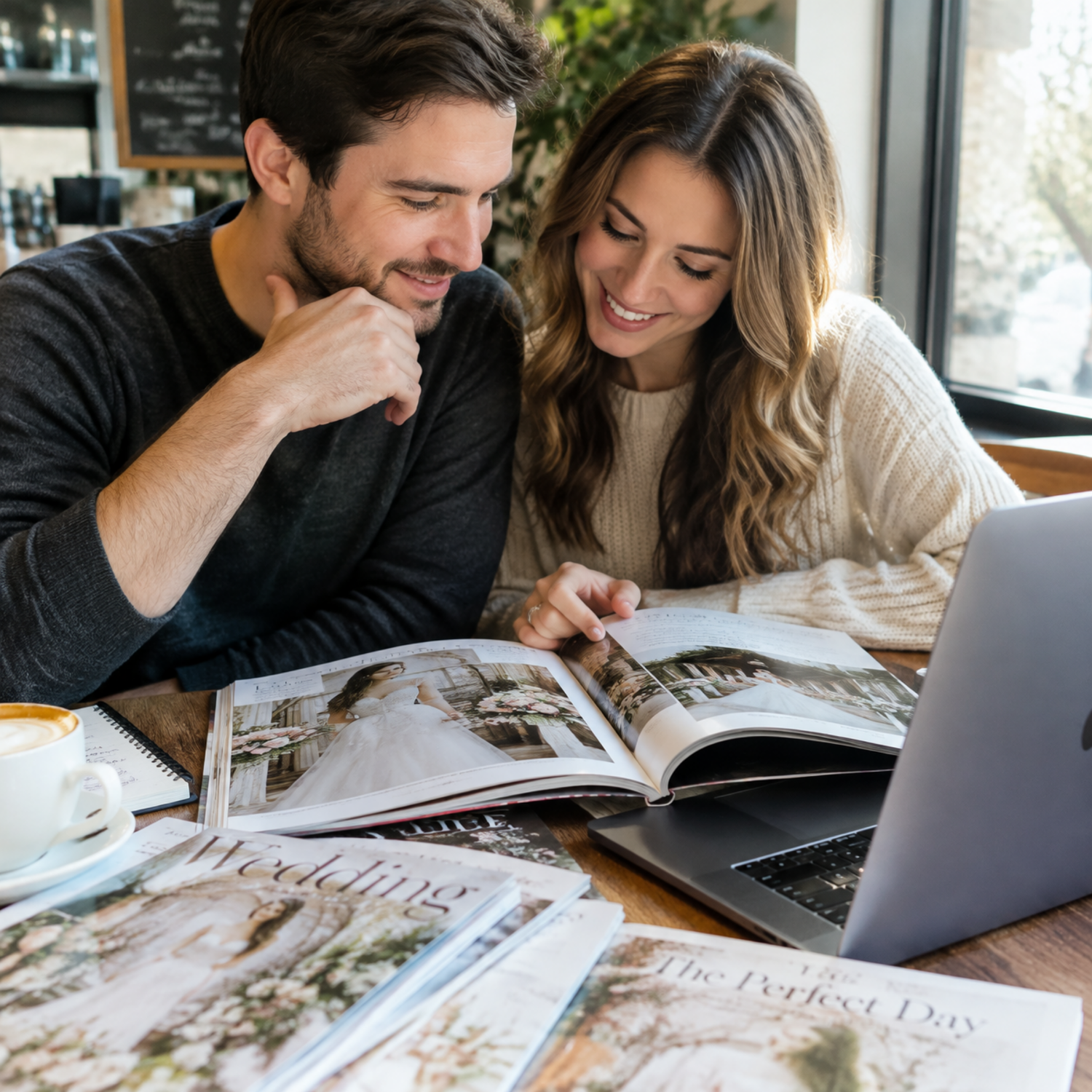 A smiling couple sits at a wooden table browsing wedding magazines beside an open laptop and a cup of coffee in a bright cafe.