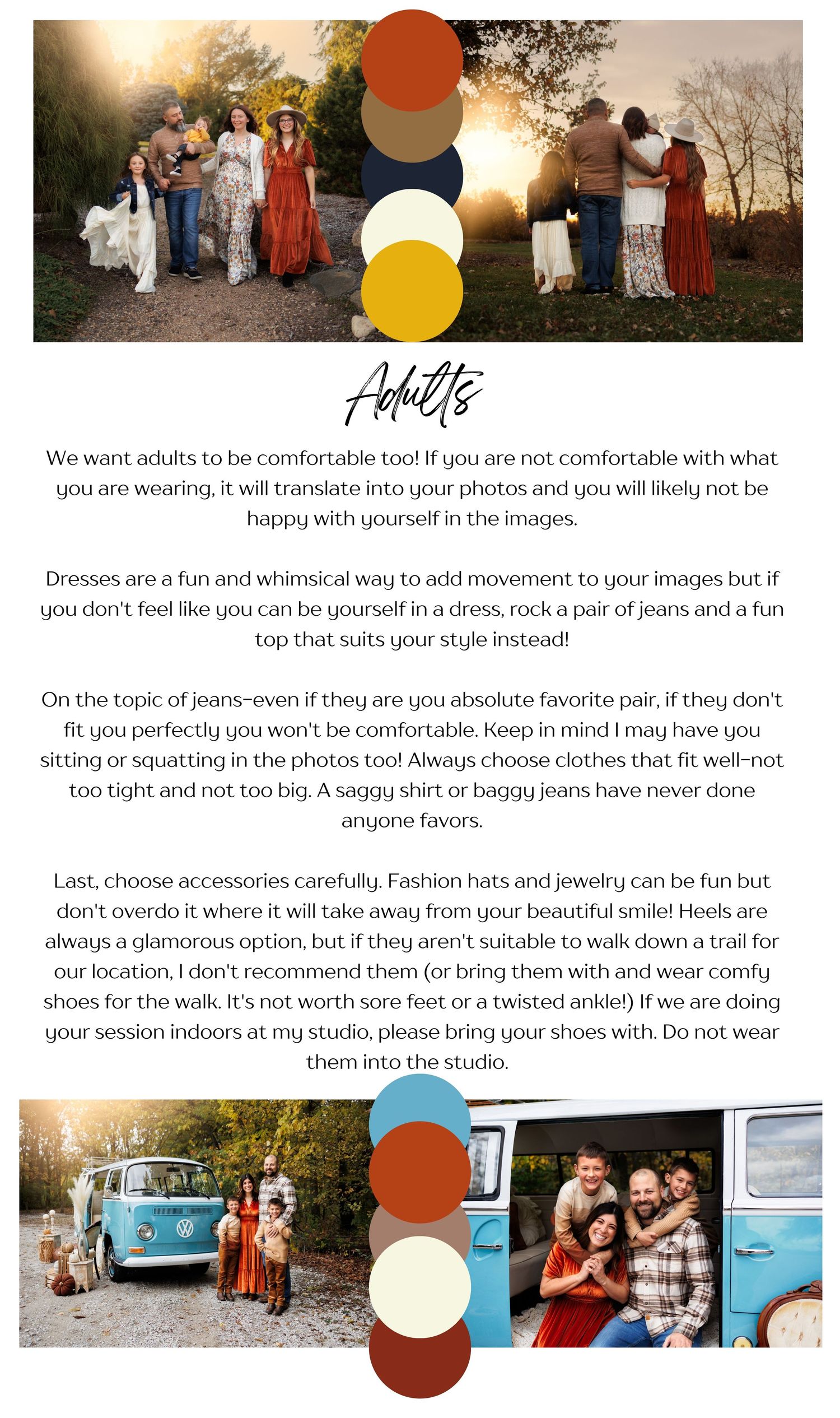 A photography guide for adults featuring outfit tips, color swatches, and family lifestyle photos in warm autumn tones.