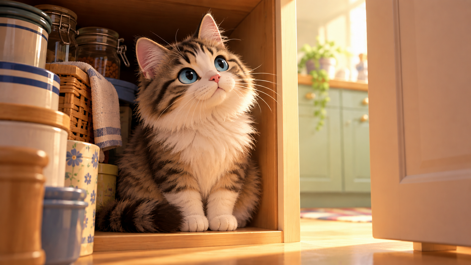 Whiskers & Co song Peek A Boo – fluffy tabby cat peeking from a cupboard into a sunny kitchen