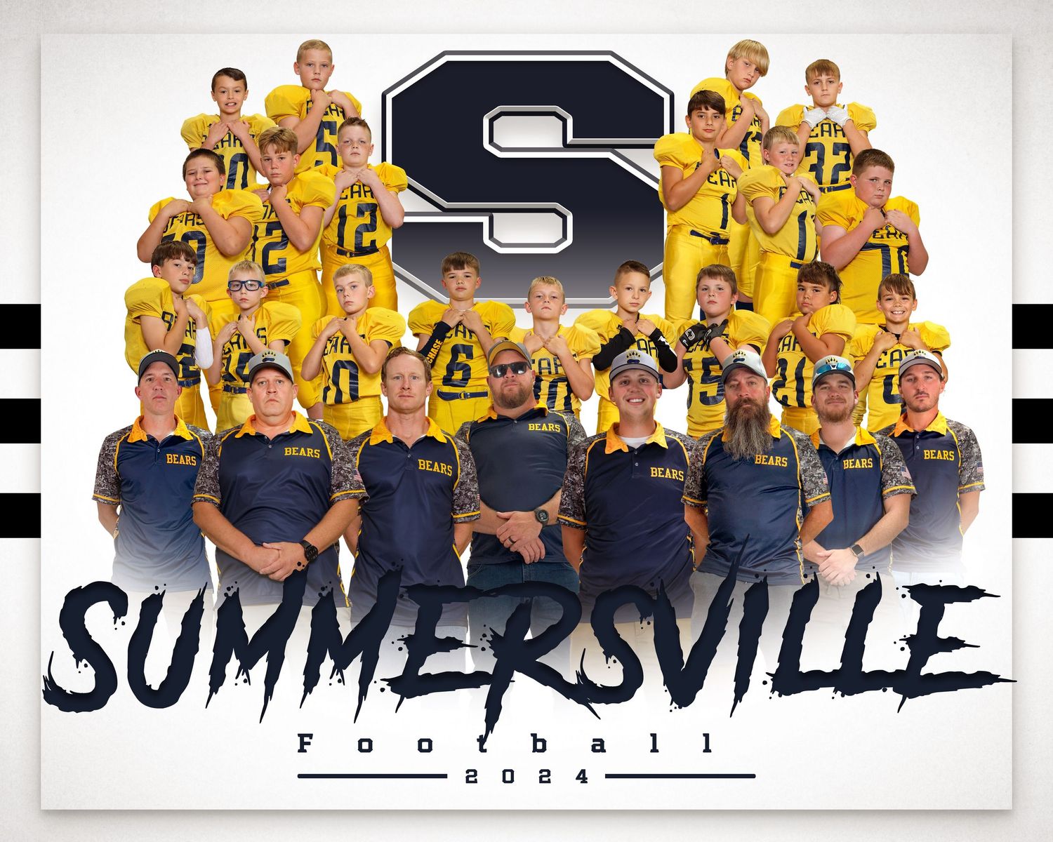 Summersville Football 2024 team photo with players in yellow uniforms and coaches posed in front of large S logo.