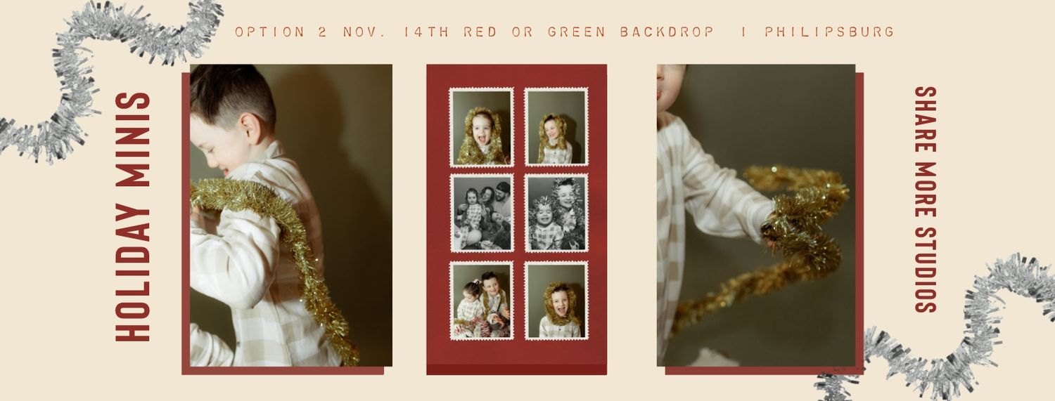 Holiday mini photo session promotional banner featuring festive portraits and golden tinsel decorations at Shane Backrott Studios.