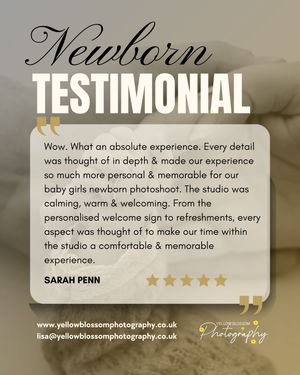 Newborn photography testimonial from Sarah Penn praising Yellow Blossom Photography studio experience with five-star rating.