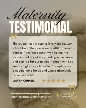 Maternity testimonial graphic with 5-star review from Lauren Cunnell praising Yellow Blossom Photography studio.