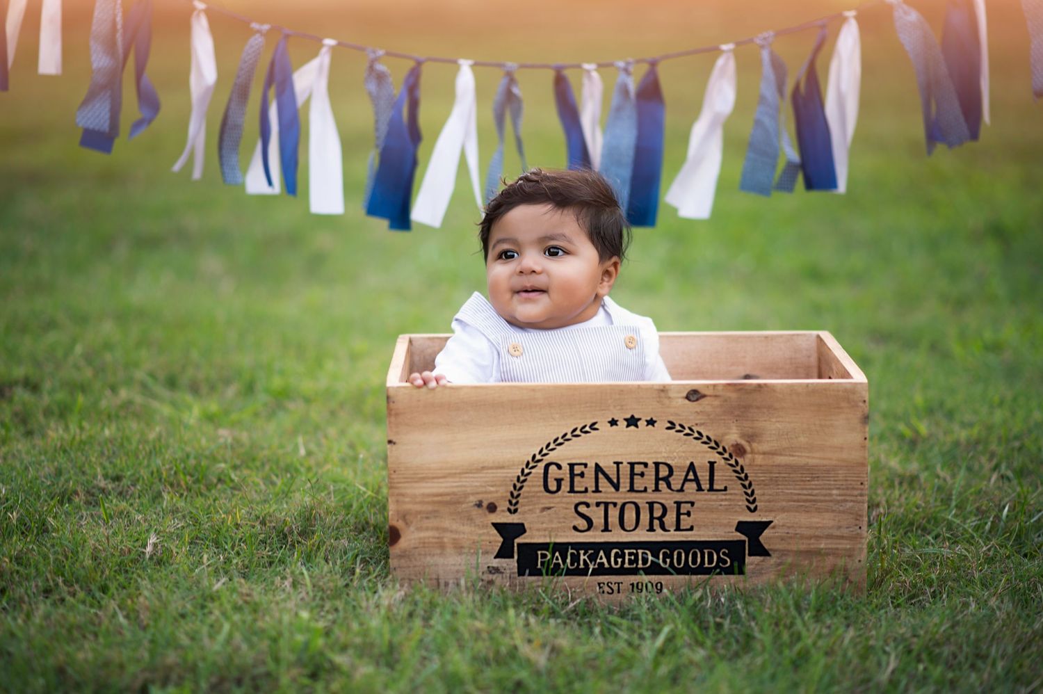 A wooden general store crate being used as a prop in an outdoor photography session decorated with blue and white banners.