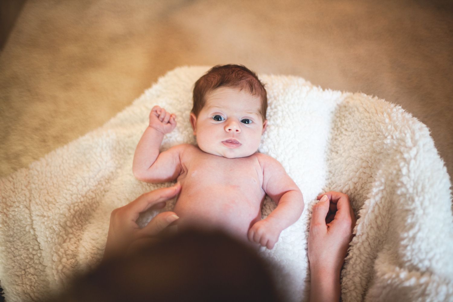 A newborn baby lies on a soft white blanket, looking up with bright eyes while a parent's hands hold them.