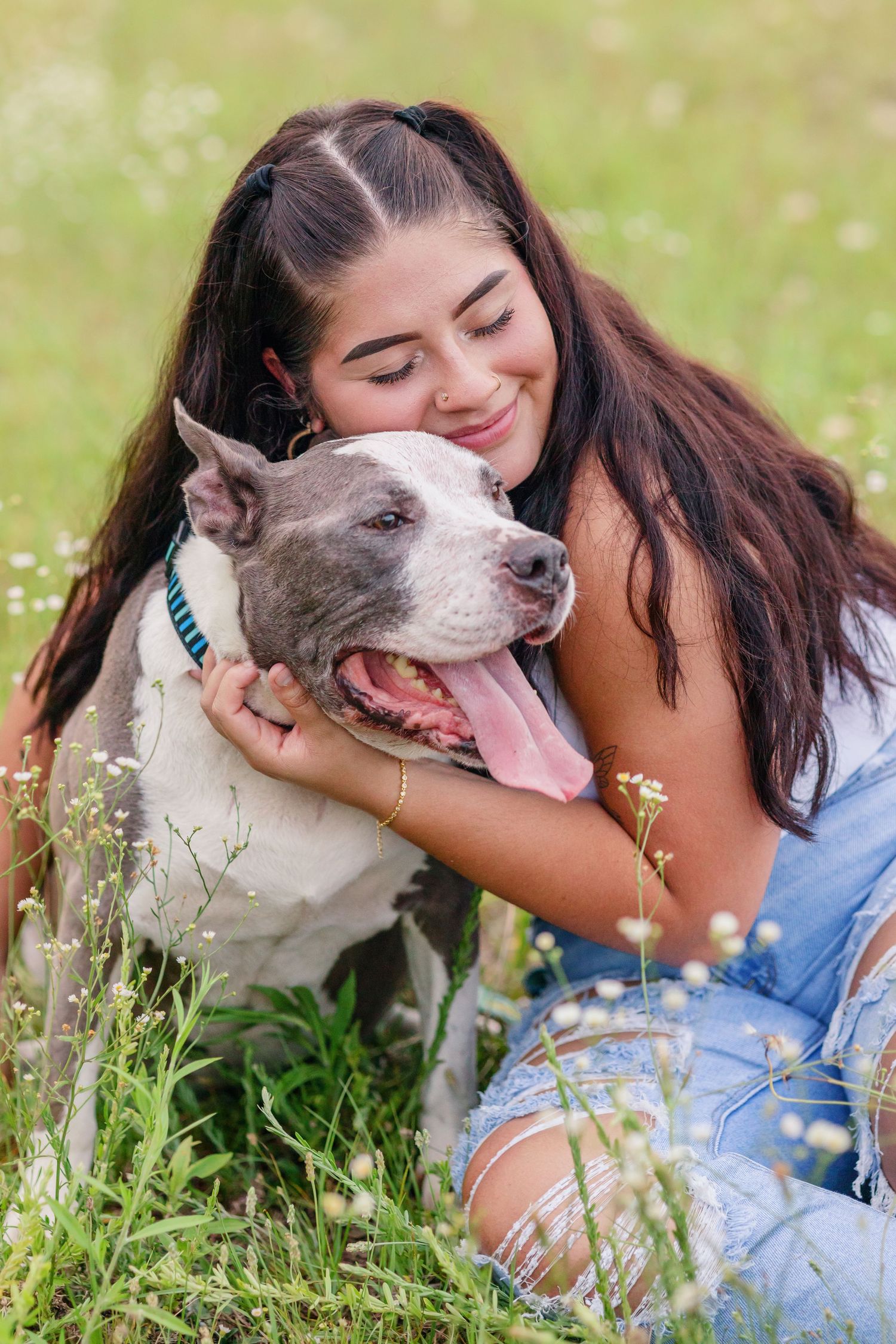 A happy pit bull and their companion share a tender moment together in a wildflower meadow.