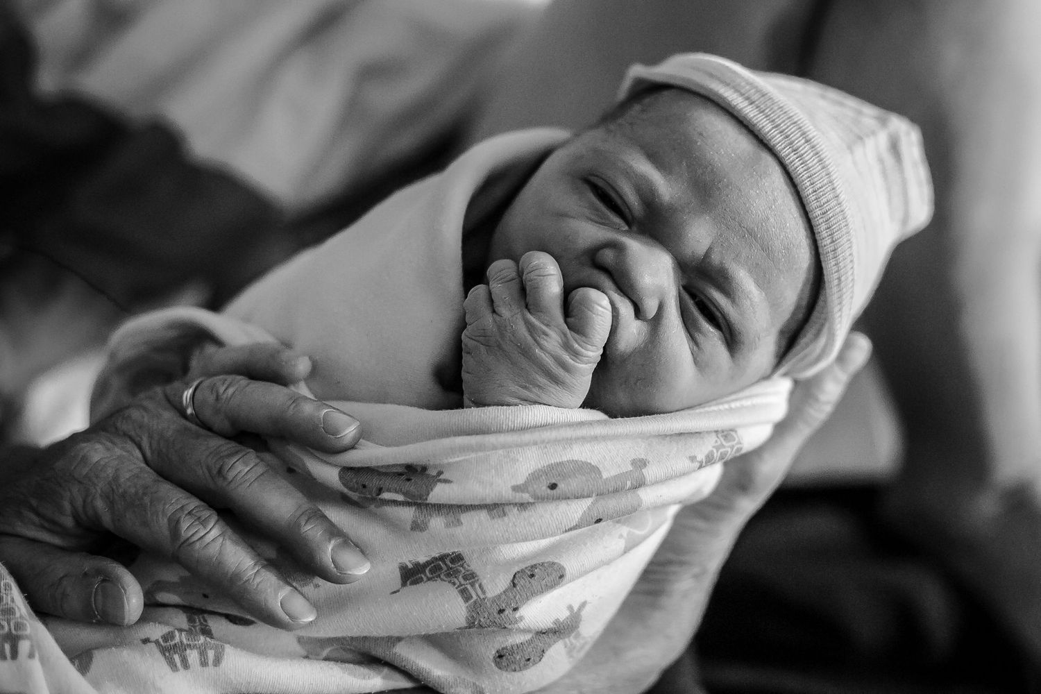 Grandmother holding her newest grandson just after birth near Kingsley, IA.