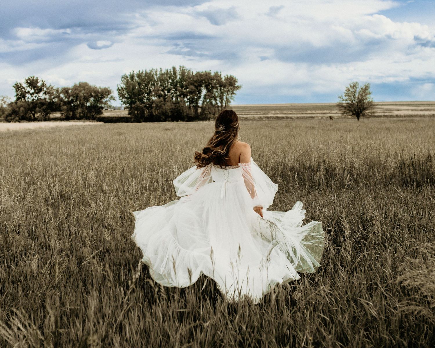 A white wedding dress twirls in a golden field against a cloudy sky with trees in the background.