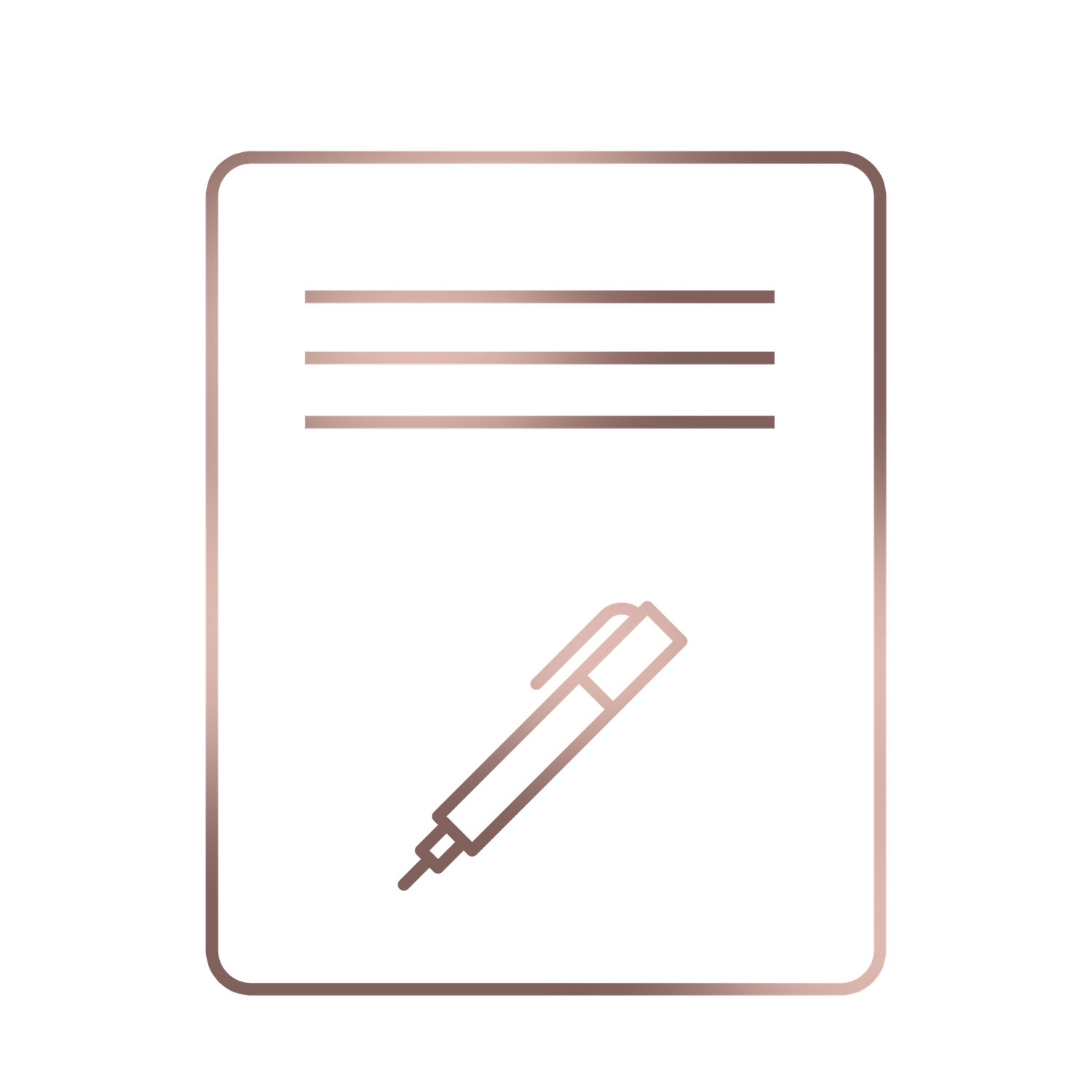 Simple line icon of a document with a pen or pencil in rose gold on a black background.