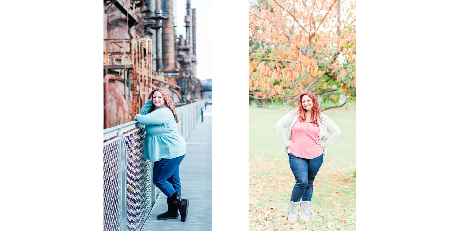 Two photos of someone posing outdoors in a blue top and jeans against urban and natural backgrounds.