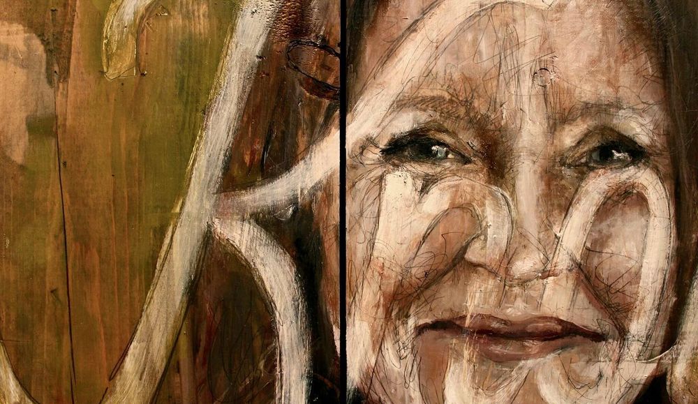 Artistic portrait painting featuring warm brown tones and expressive brushstrokes.