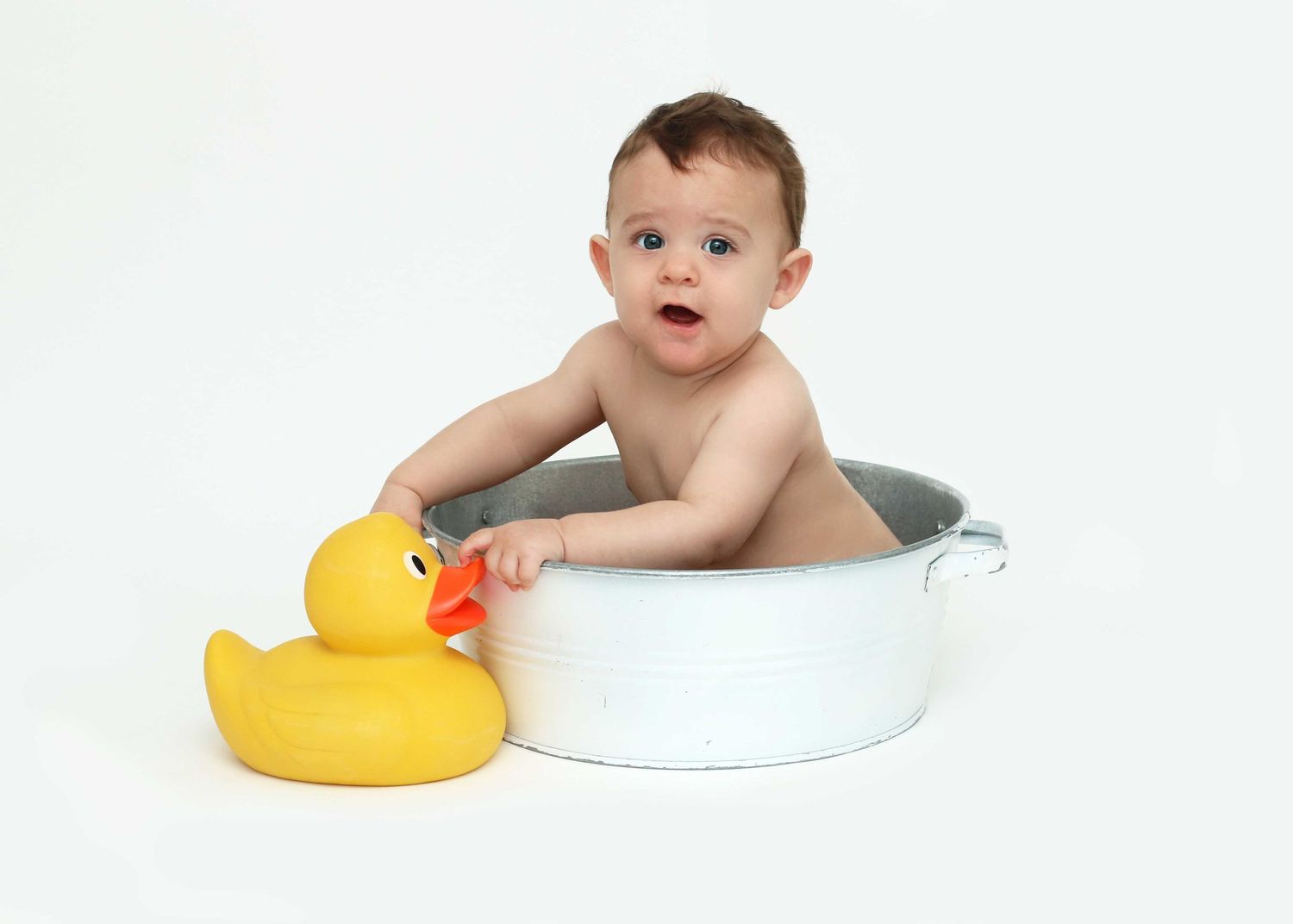 Baby Boy Sitting Unaided Bath Tub Duck. Newborn Photographer Tameside