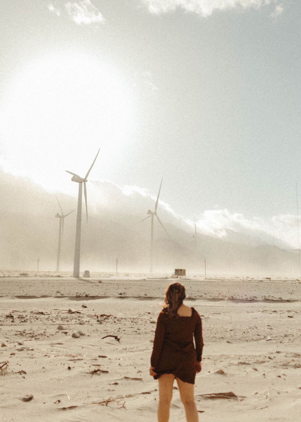 woman wearing brown dress, stares off into the distance where a sandstorm at the windmills in Palm Springs is starting