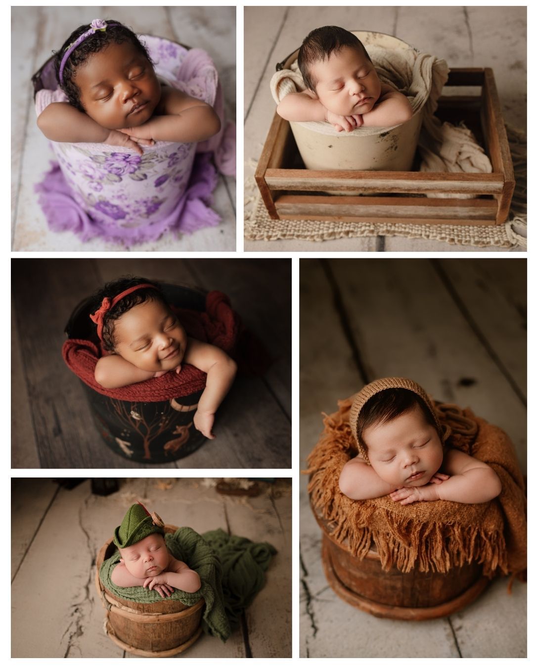 Sleeping newborn baby in a white floral bucket surrounded by purple flowers on a rustic white chair.