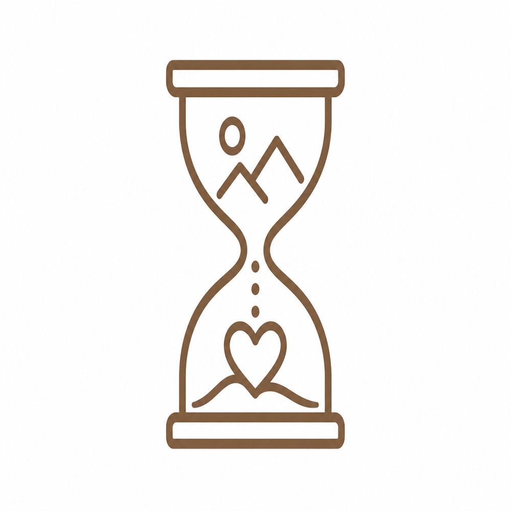 Brown line art hourglass icon with mountain landscape and heart symbol representing timeless memories.
