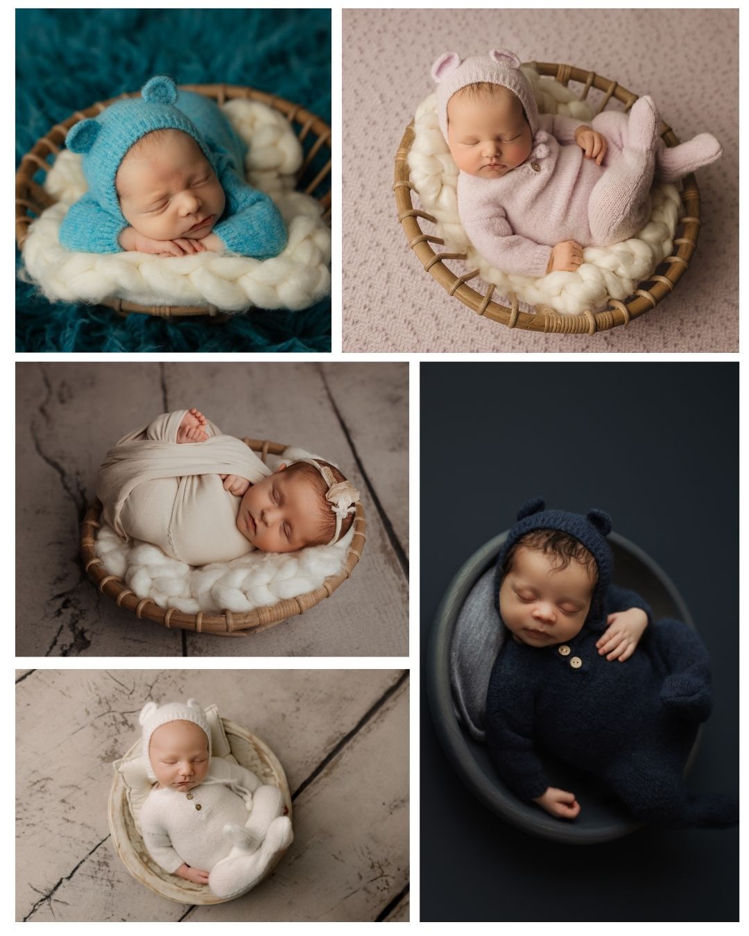 Collage of five newborn babies sleeping peacefully in bowls and baskets, styled in soft wraps and knit bear outfits.