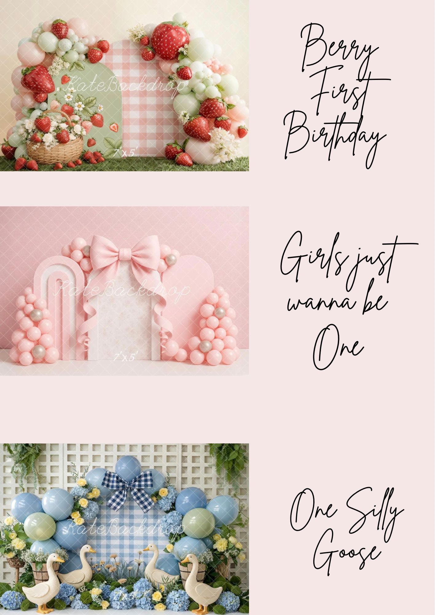 Three first birthday backdrop designs featuring strawberries, pink bows with balloons, and geese with blue gingham and floral arrangements.