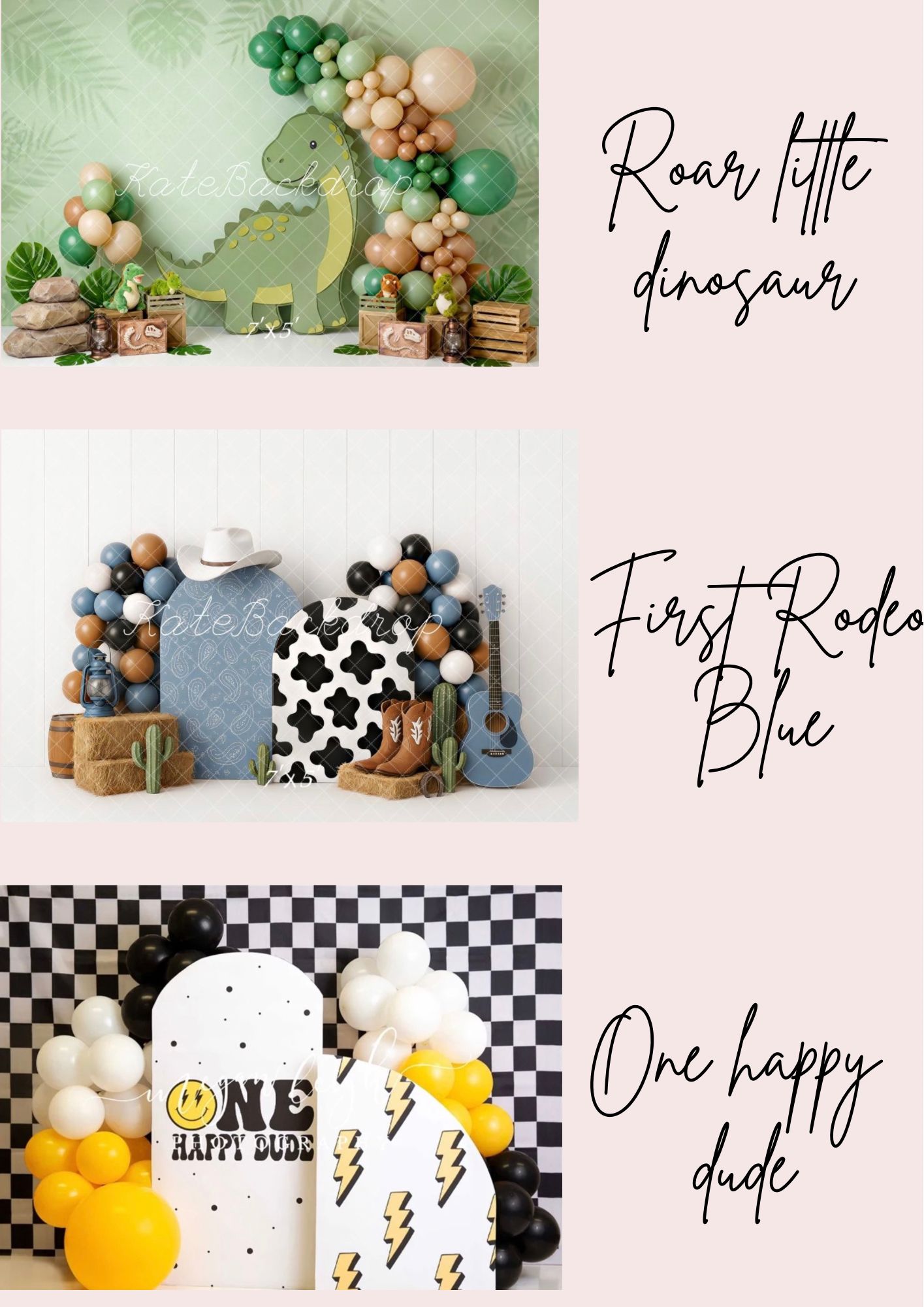Three baby birthday backdrop setups featuring dinosaur, western cowboy, and racing themes with colorful balloon garlands.