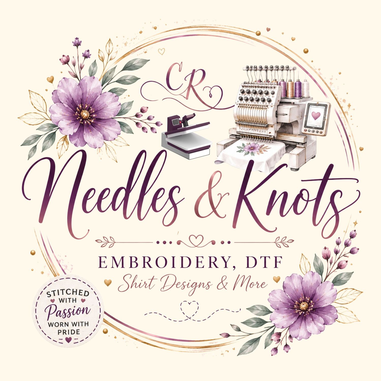 CR Needles & Knots embroidery and DTF shirt designs logo with purple flowers and embroidery machine.