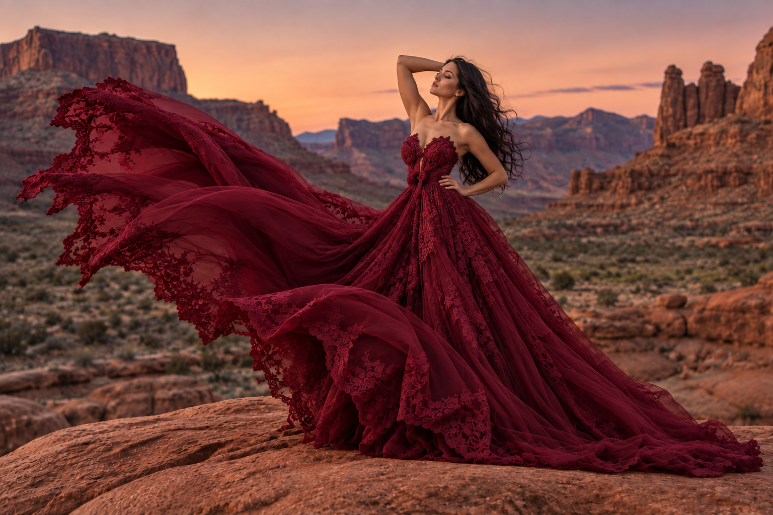 Woman in flowing red lace gown poses dramatically on desert rocks at sunset with mesa formations behind her.