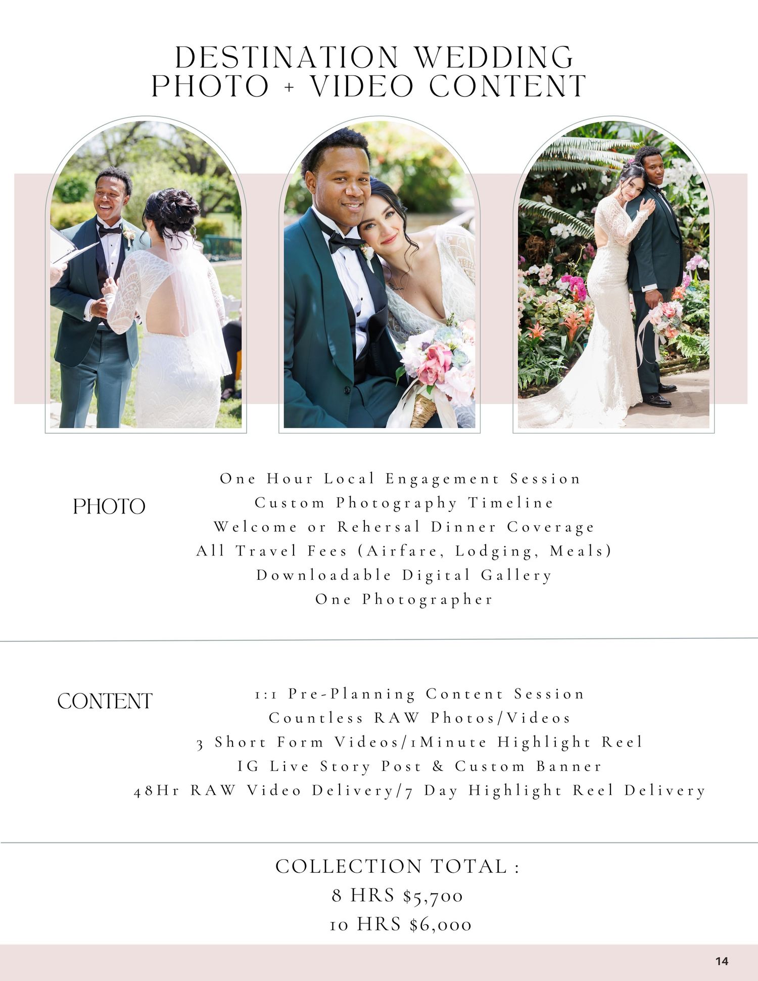 Destination wedding photo and video package brochure featuring elegant couple portraits in outdoor ceremony settings.